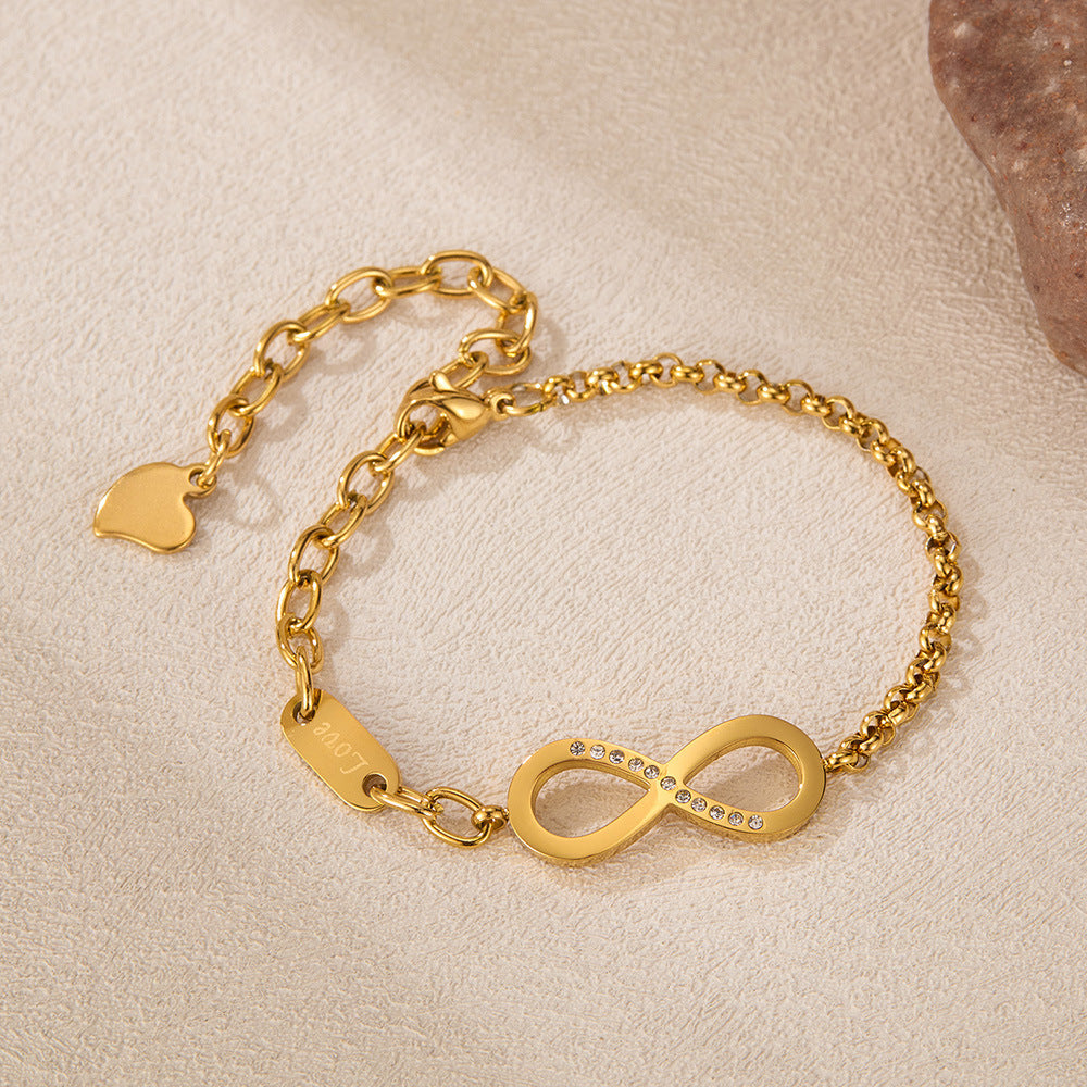 Stainless Steel Rhinestone Inlay Number 8 Chain Bracelet / 25303068