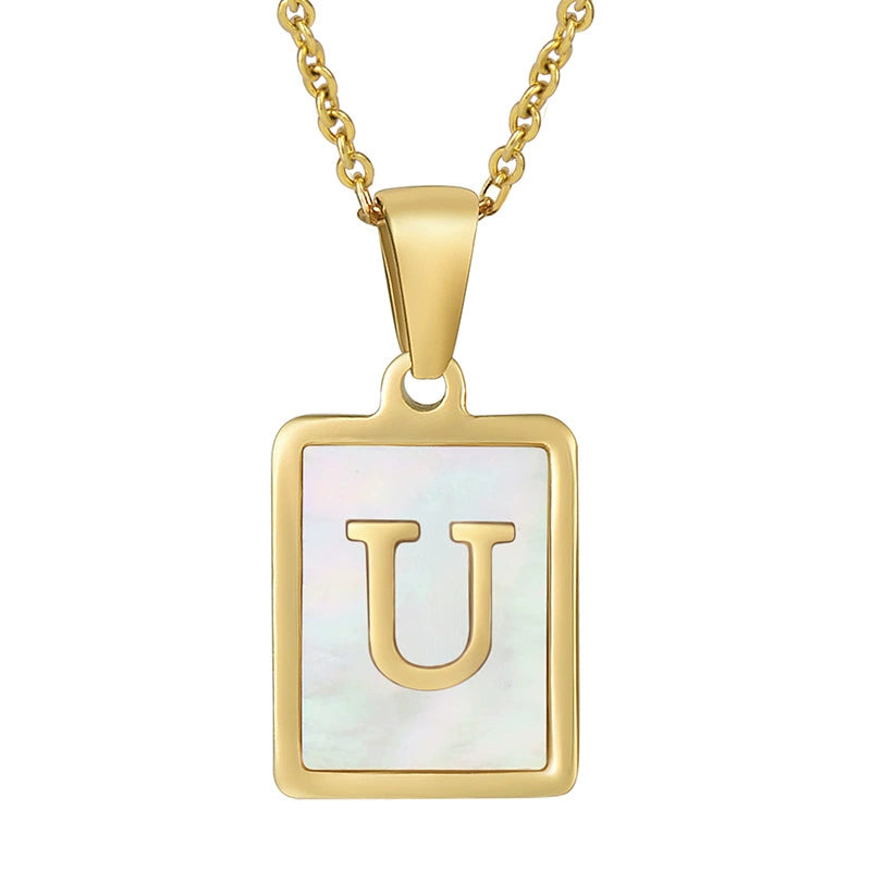 Stainless Steel Shell Inlay Square Letter Initial Pendant Necklace / KN1037