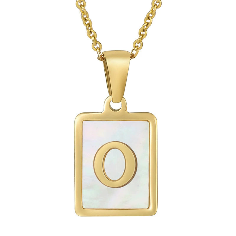 Stainless Steel Shell Inlay Square Letter Initial Pendant Necklace / KN1037