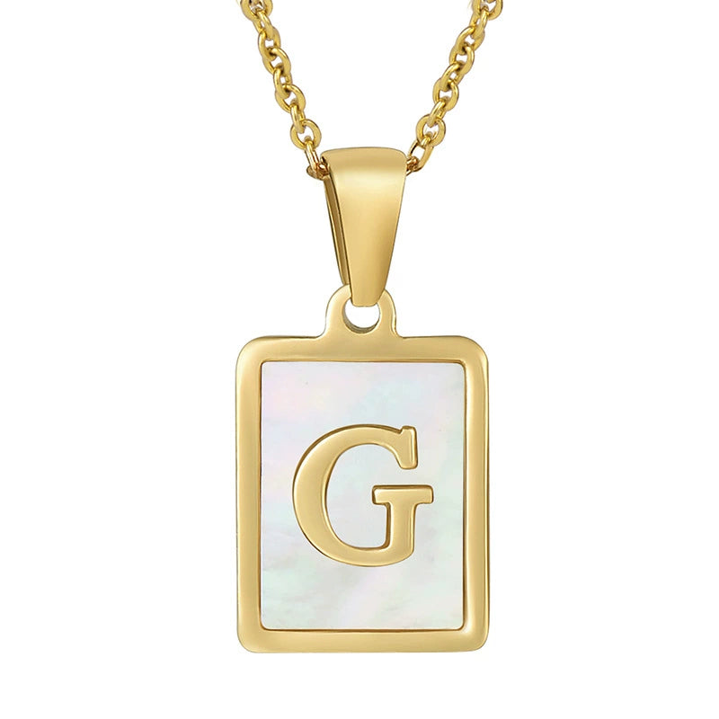 Stainless Steel Shell Inlay Square Letter Initial Pendant Necklace / KN1037