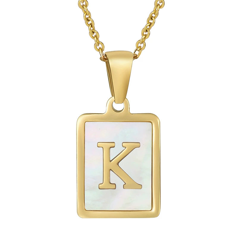 Stainless Steel Shell Inlay Square Letter Initial Pendant Necklace / KN1037
