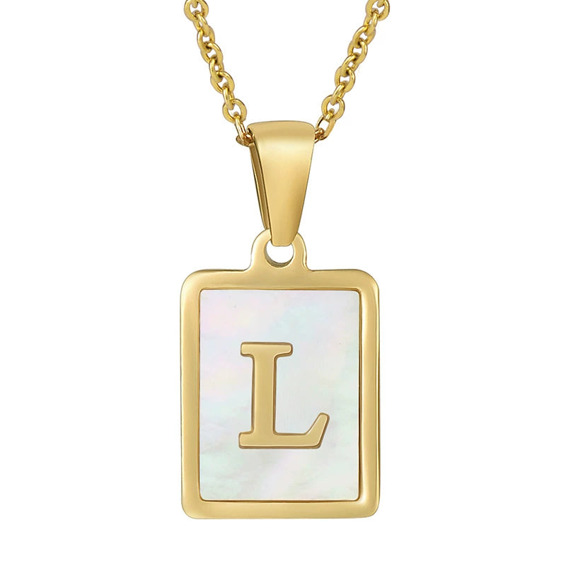 Stainless Steel Shell Inlay Square Letter Initial Pendant Necklace / KN1037