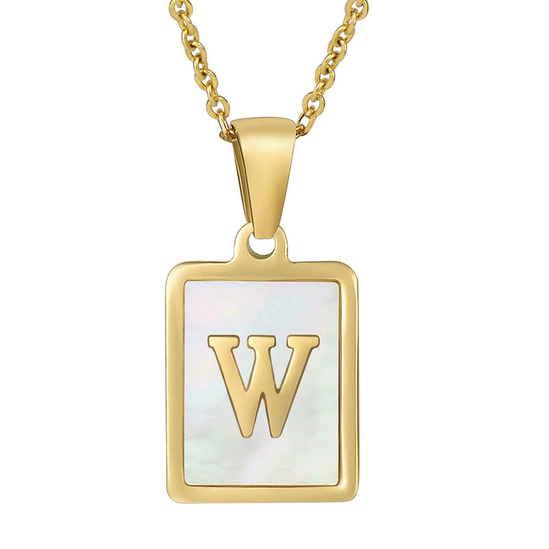 Stainless Steel Shell Inlay Square Letter Initial Pendant Necklace / KN1037