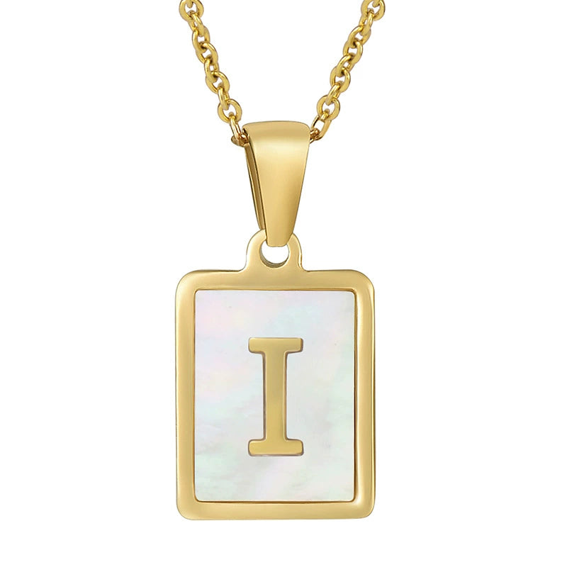 Stainless Steel Shell Inlay Square Letter Initial Pendant Necklace / KN1037