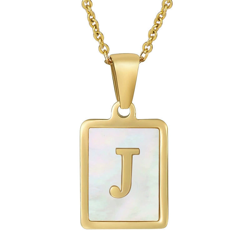 Stainless Steel Shell Inlay Square Letter Initial Pendant Necklace / KN1037
