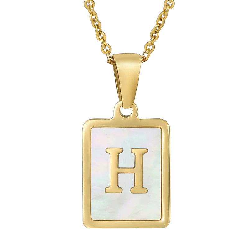 Stainless Steel Shell Inlay Square Letter Initial Pendant Necklace / KN1037