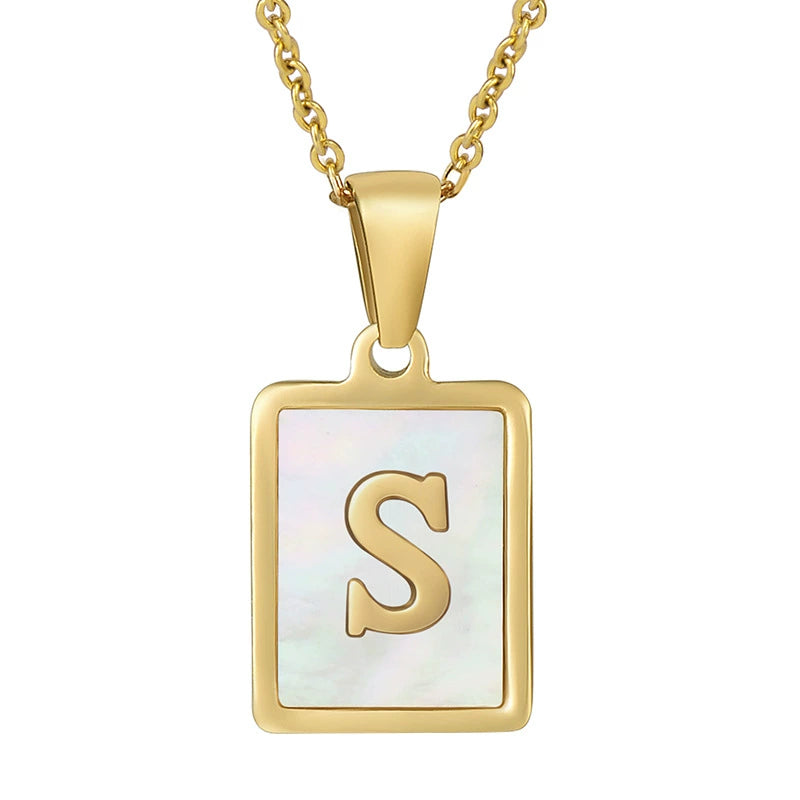 Stainless Steel Shell Inlay Square Letter Initial Pendant Necklace / KN1037