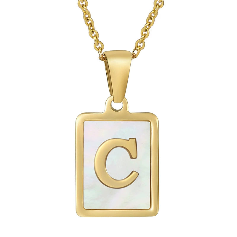 Stainless Steel Shell Inlay Square Letter Initial Pendant Necklace / KN1037