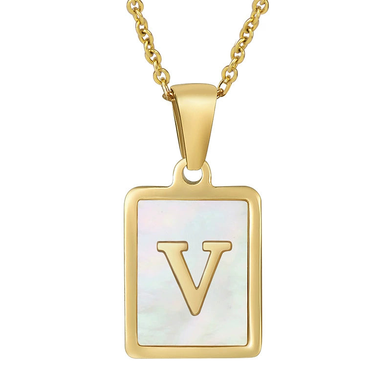 Stainless Steel Shell Inlay Square Letter Initial Pendant Necklace / KN1037