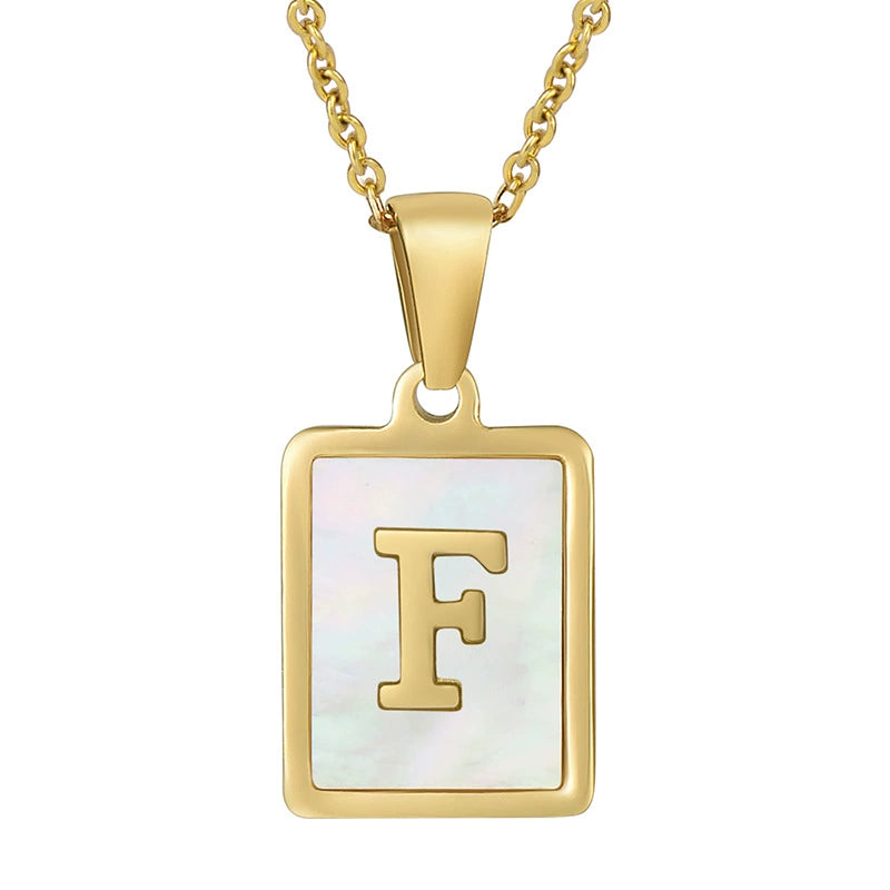 Stainless Steel Shell Inlay Square Letter Initial Pendant Necklace / KN1037