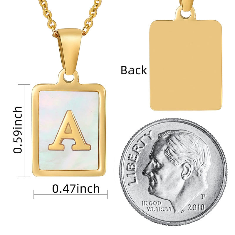 Stainless Steel Shell Inlay Square Letter Initial Pendant Necklace / KN1037