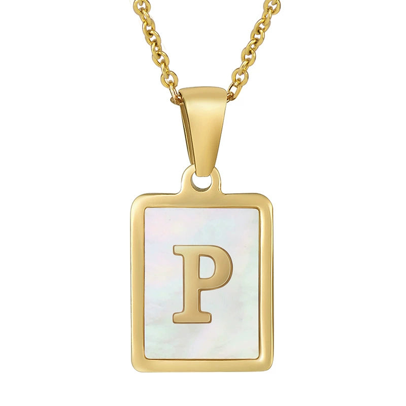 Stainless Steel Shell Inlay Square Letter Initial Pendant Necklace / KN1037