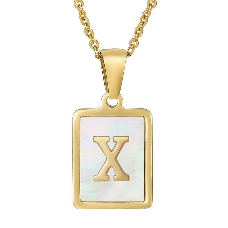 Stainless Steel Shell Inlay Square Letter Initial Pendant Necklace / KN1037