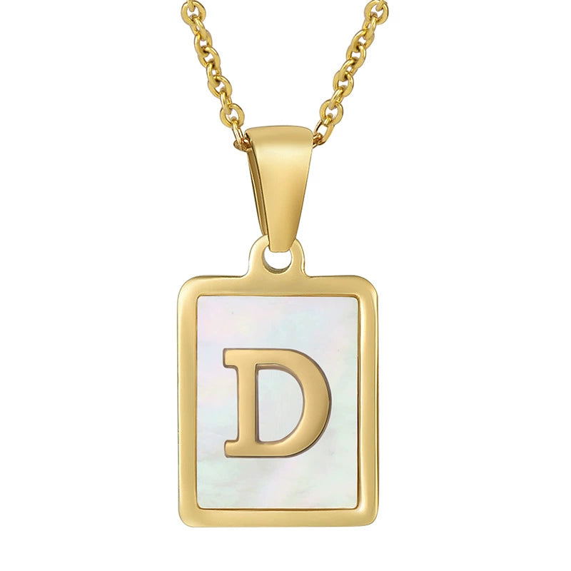 Stainless Steel Shell Inlay Square Letter Initial Pendant Necklace / KN1037
