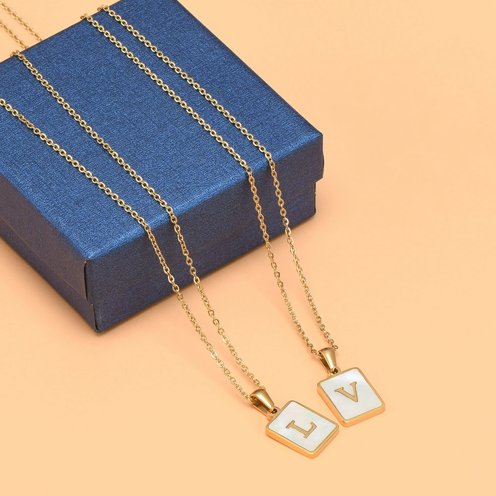 Stainless Steel Shell Inlay Square Letter Initial Pendant Necklace / KN1037