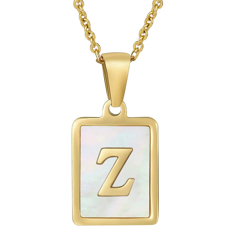 Stainless Steel Shell Inlay Square Letter Initial Pendant Necklace / KN1037