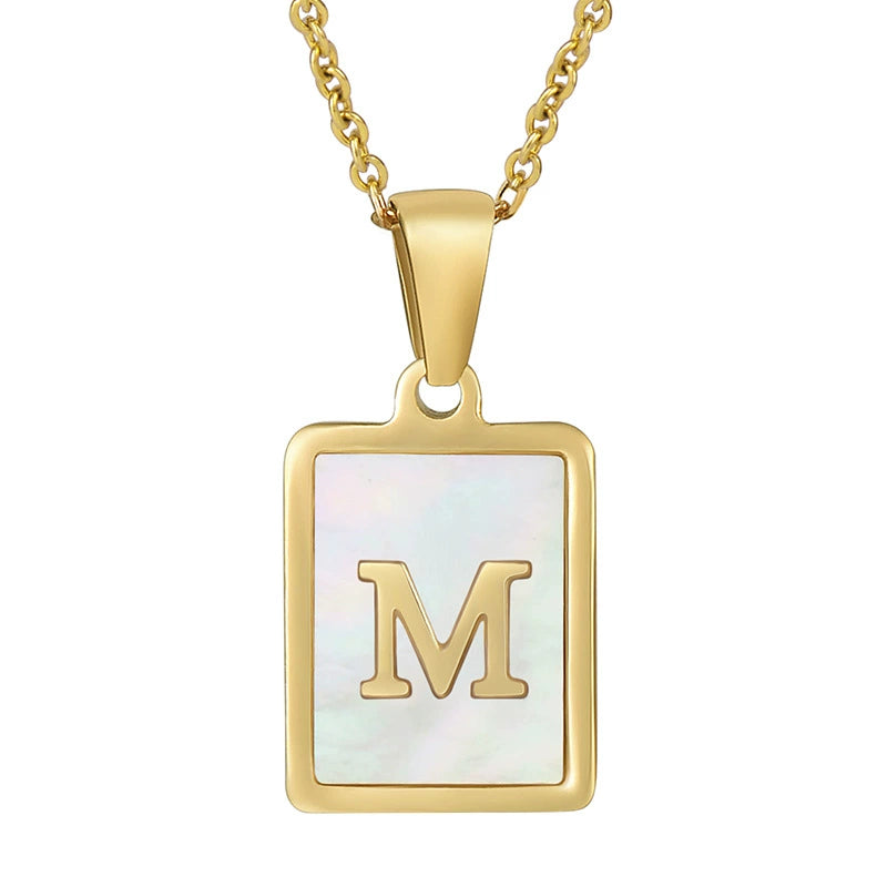 Stainless Steel Shell Inlay Square Letter Initial Pendant Necklace / KN1037