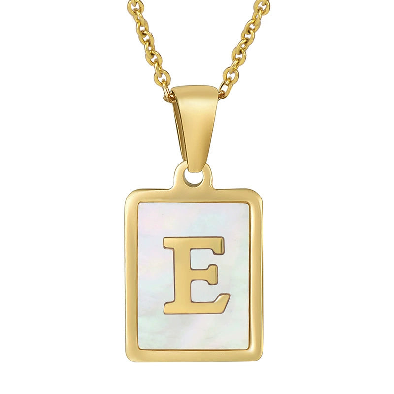 Stainless Steel Shell Inlay Square Letter Initial Pendant Necklace / KN1037