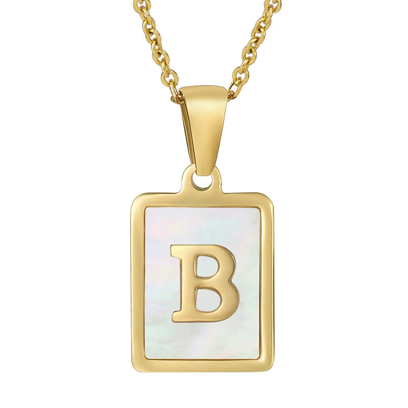 Stainless Steel Shell Inlay Square Letter Initial Pendant Necklace / KN1037