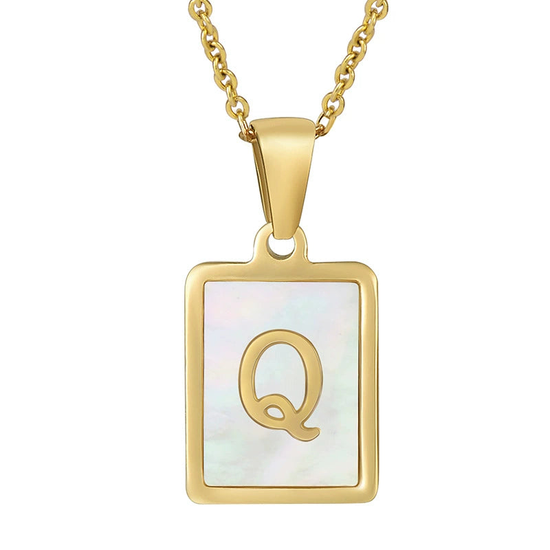 Stainless Steel Shell Inlay Square Letter Initial Pendant Necklace / KN1037