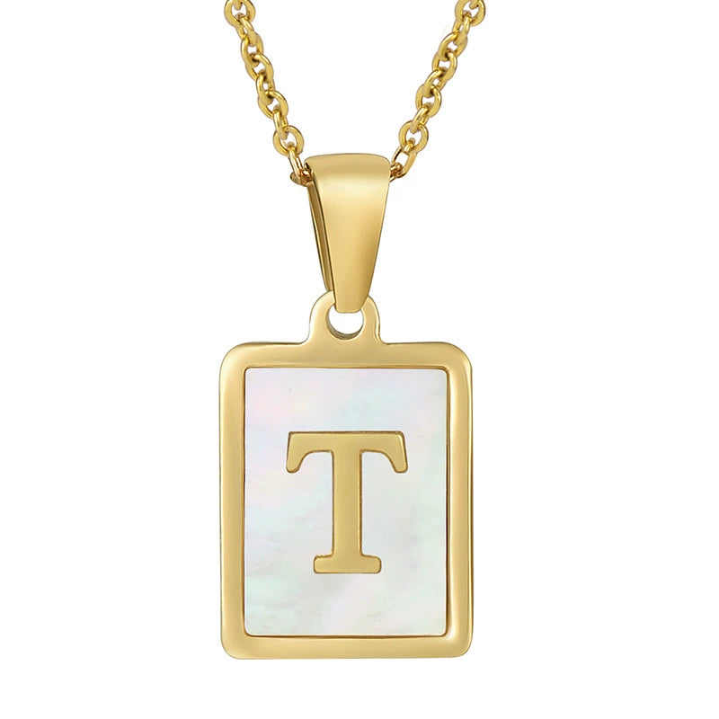 Stainless Steel Shell Inlay Square Letter Initial Pendant Necklace / KN1037