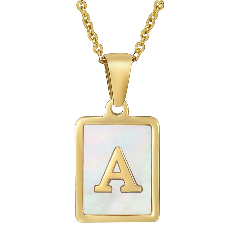 Stainless Steel Shell Inlay Square Letter Initial Pendant Necklace / KN1037