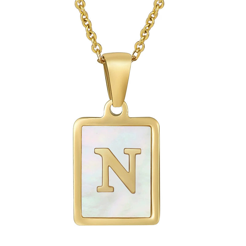 Stainless Steel Shell Inlay Square Letter Initial Pendant Necklace / KN1037