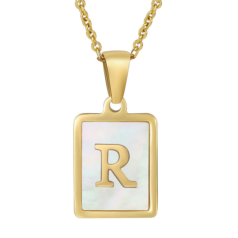 Stainless Steel Shell Inlay Square Letter Initial Pendant Necklace / KN1037
