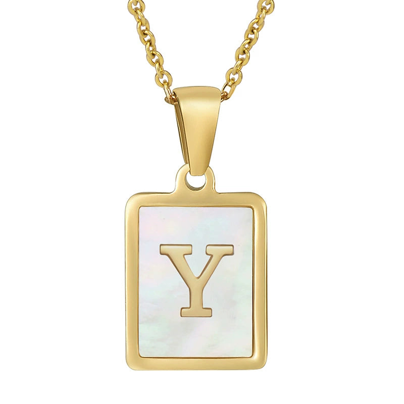 Stainless Steel Shell Inlay Square Letter Initial Pendant Necklace / KN1037