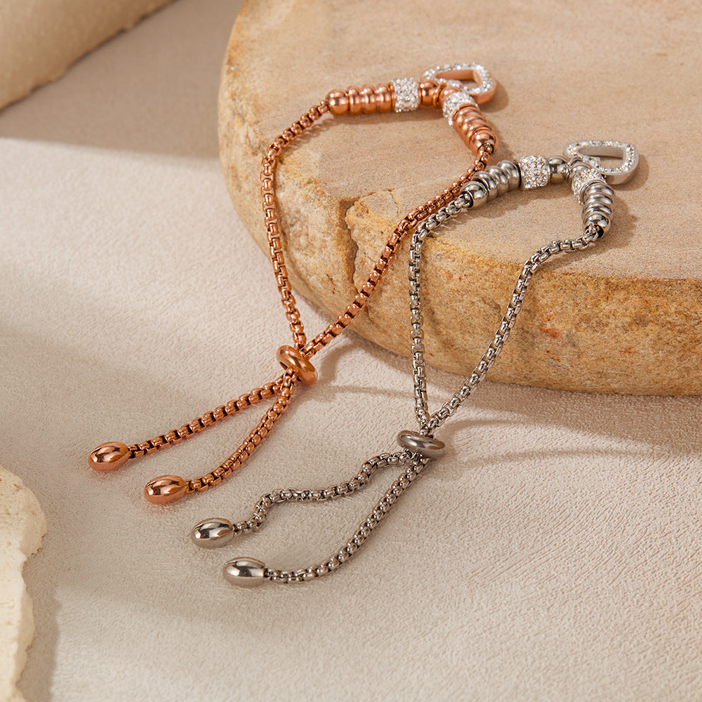Stainless Steel Zircon Inlay Heart Charm Chain Bracelet / KB1003