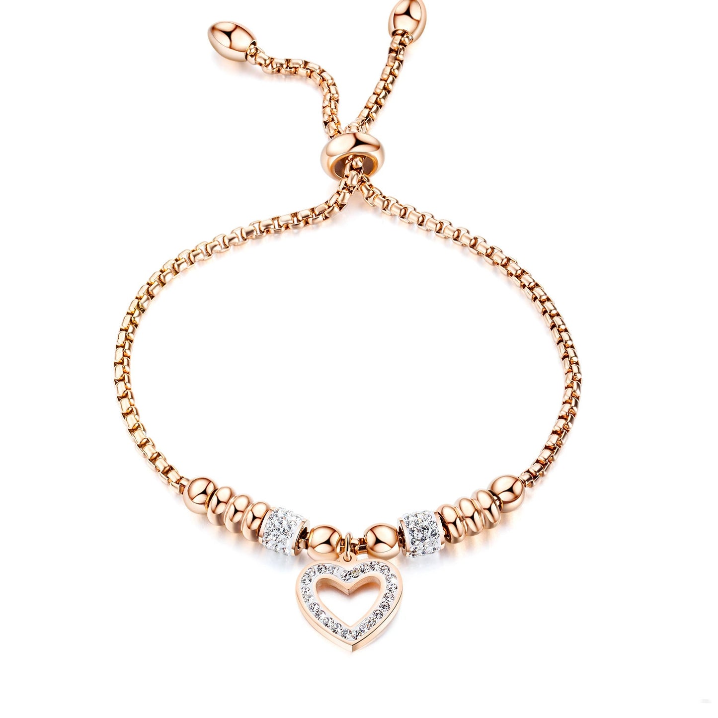 Stainless Steel Zircon Inlay Heart Charm Chain Bracelet / KB1003
