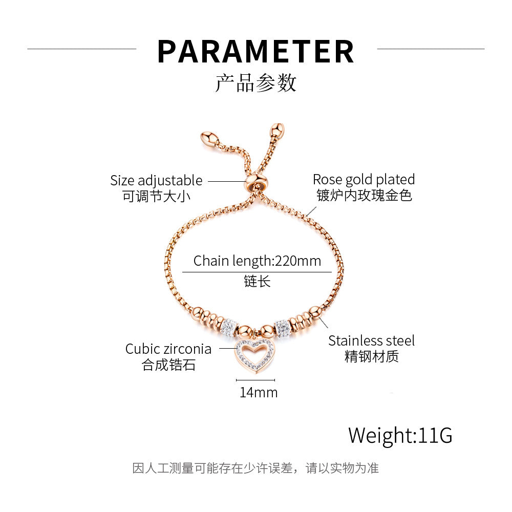 Stainless Steel Zircon Inlay Heart Charm Chain Bracelet / KB1003