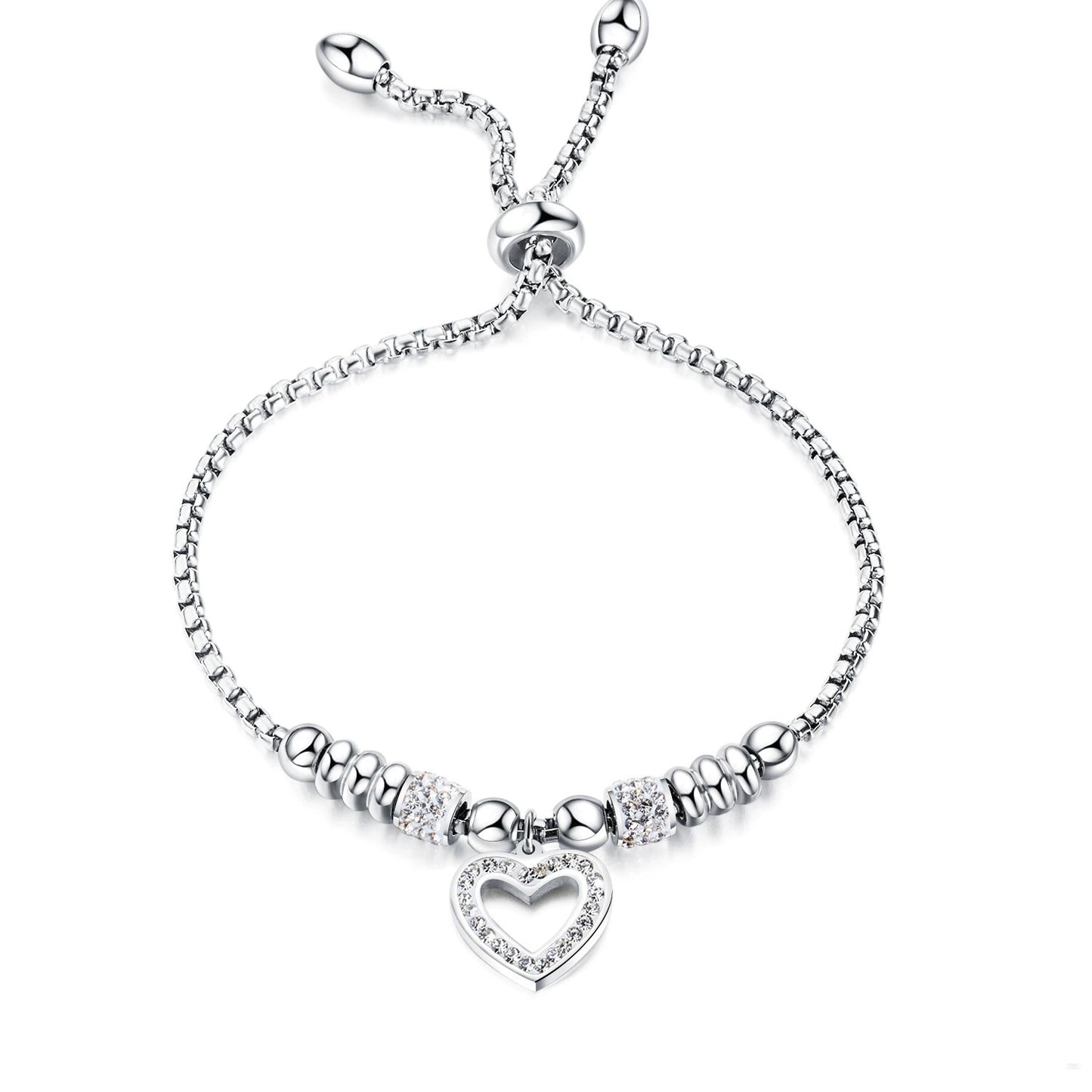 Stainless Steel Zircon Inlay Heart Charm Chain Bracelet / KB1003