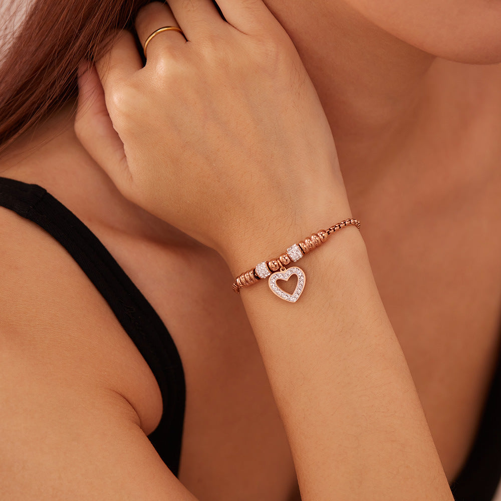Stainless Steel Zircon Inlay Heart Charm Chain Bracelet / KB1003