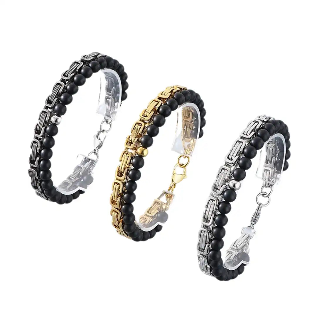 Stainless Steel Byzantine Chain Black Agate Beaded Bracelet / KB3017