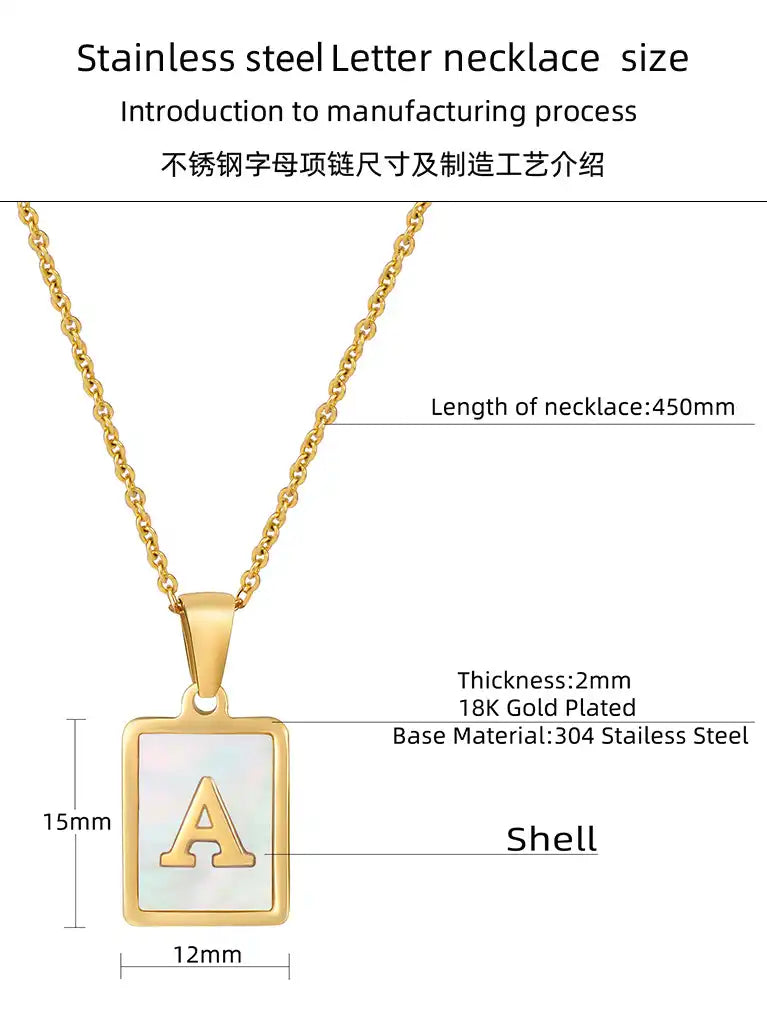 Stainless Steel Shell Inlay Square Letter Initial Pendant Necklace / KN1037