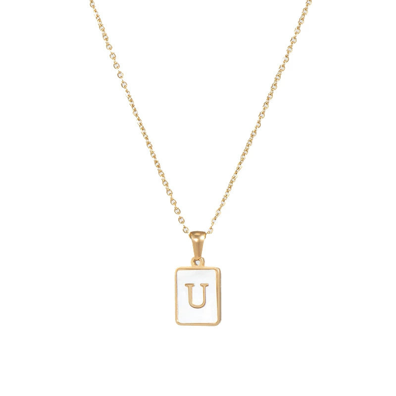 Stainless Steel Shell Inlay Square Letter Initial Pendant Necklace / KN1037