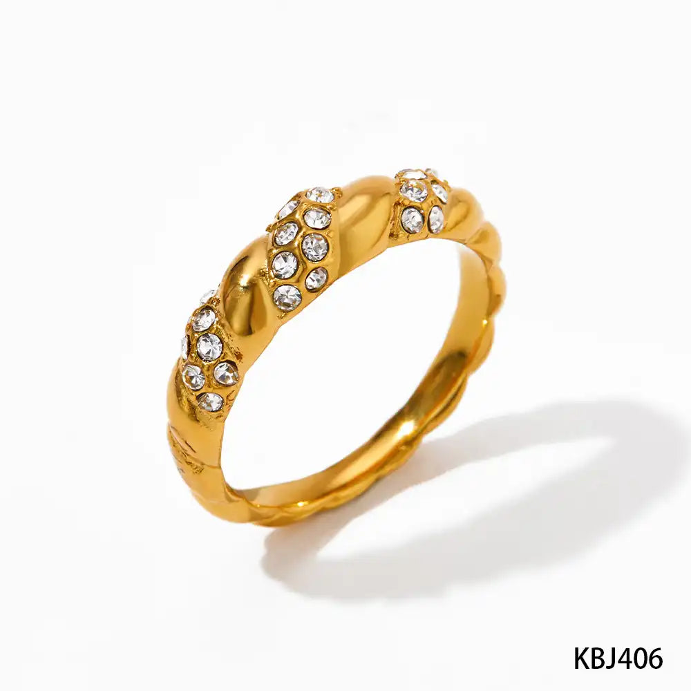 Stainless steel Gold PVD Vintage twisted thread Rhinestone inlay ring / 25204011