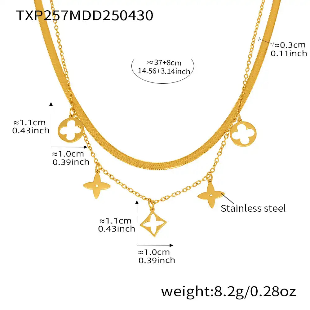 Stainless steel blade chain double-layer four-petal flower necklace / 25004021