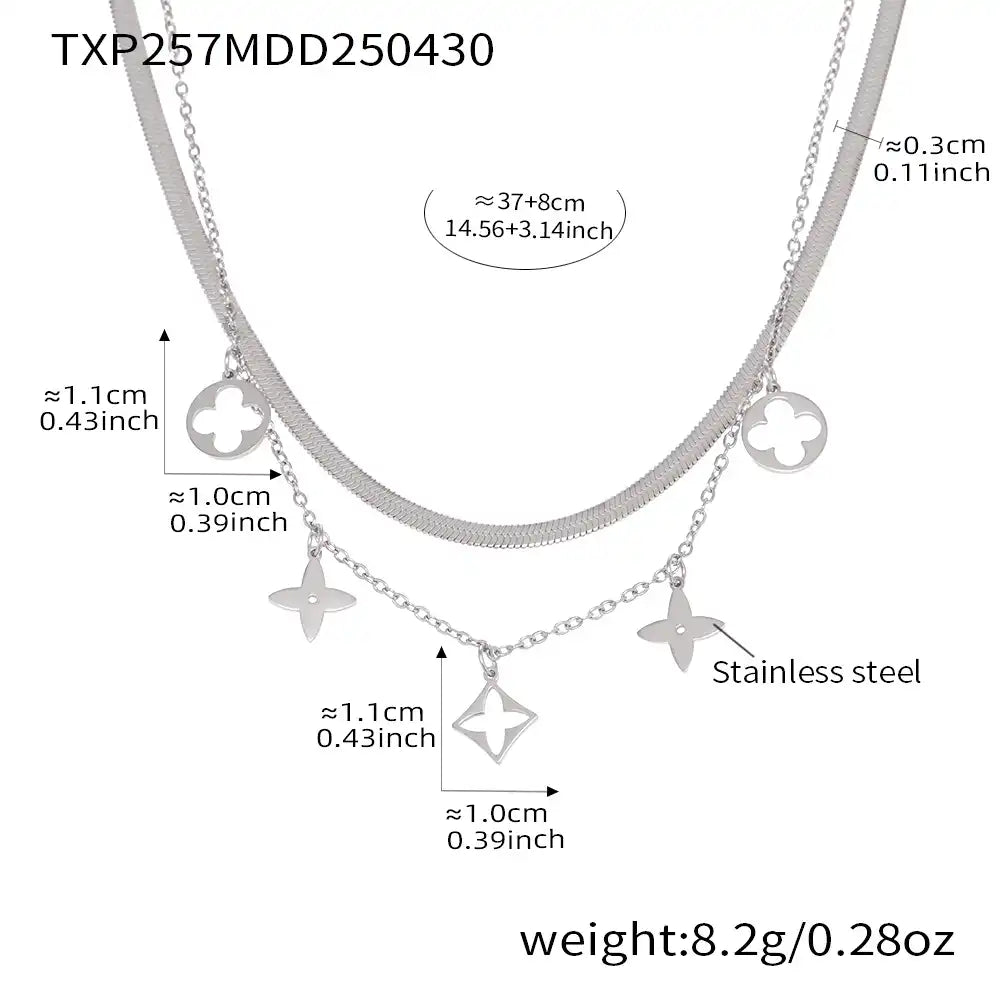 Stainless steel blade chain double-layer four-petal flower necklace / 25004021