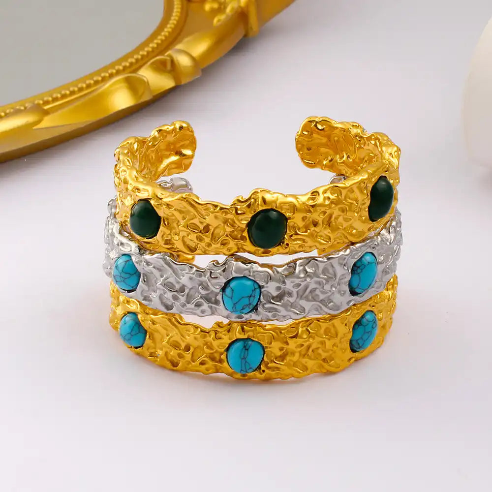 Stainless steel Cuff bracelet with natural blue turquoise and green gemstones / 25303070