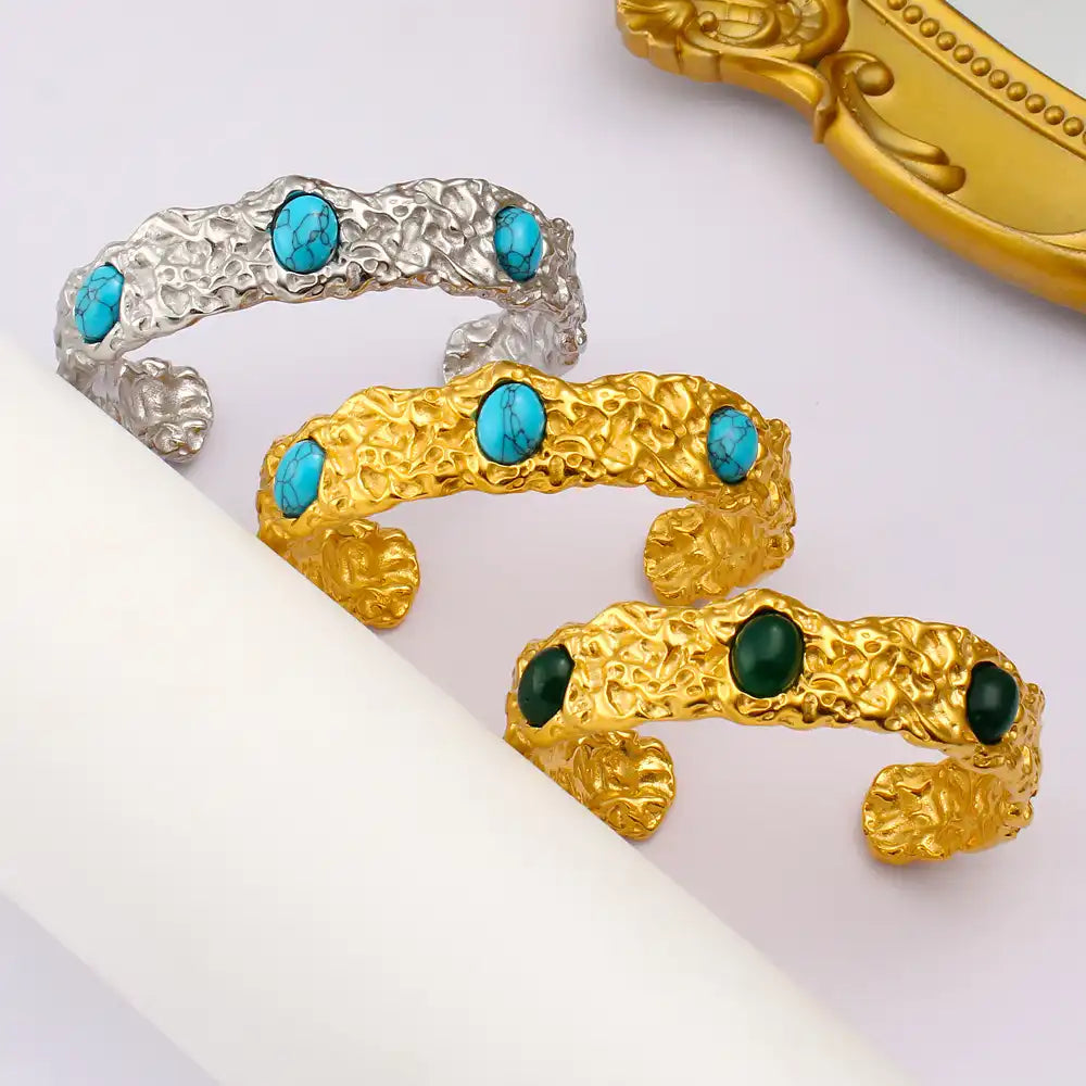 Stainless steel Cuff bracelet with natural blue turquoise and green gemstones / 25303070