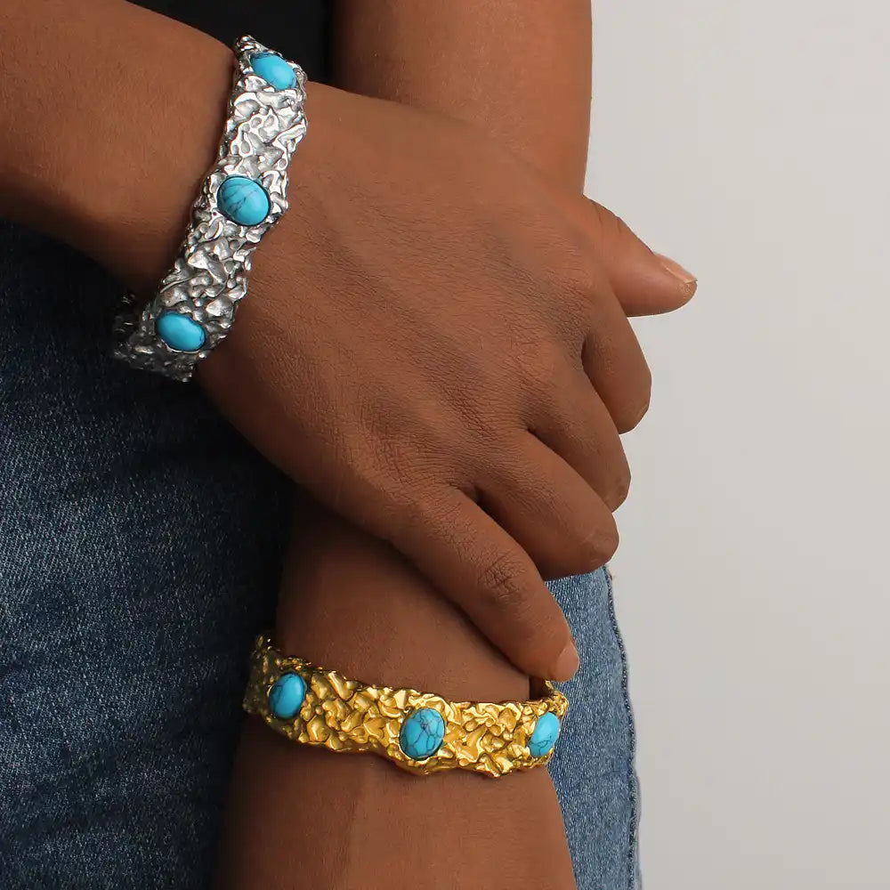 Stainless steel Cuff bracelet with natural blue turquoise and green gemstones / 25303070