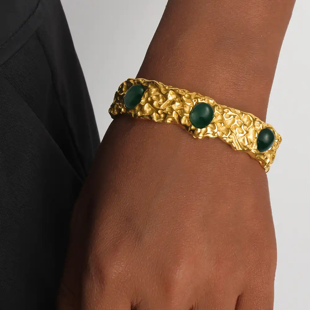Stainless steel Cuff bracelet with natural blue turquoise and green gemstones / 25303070
