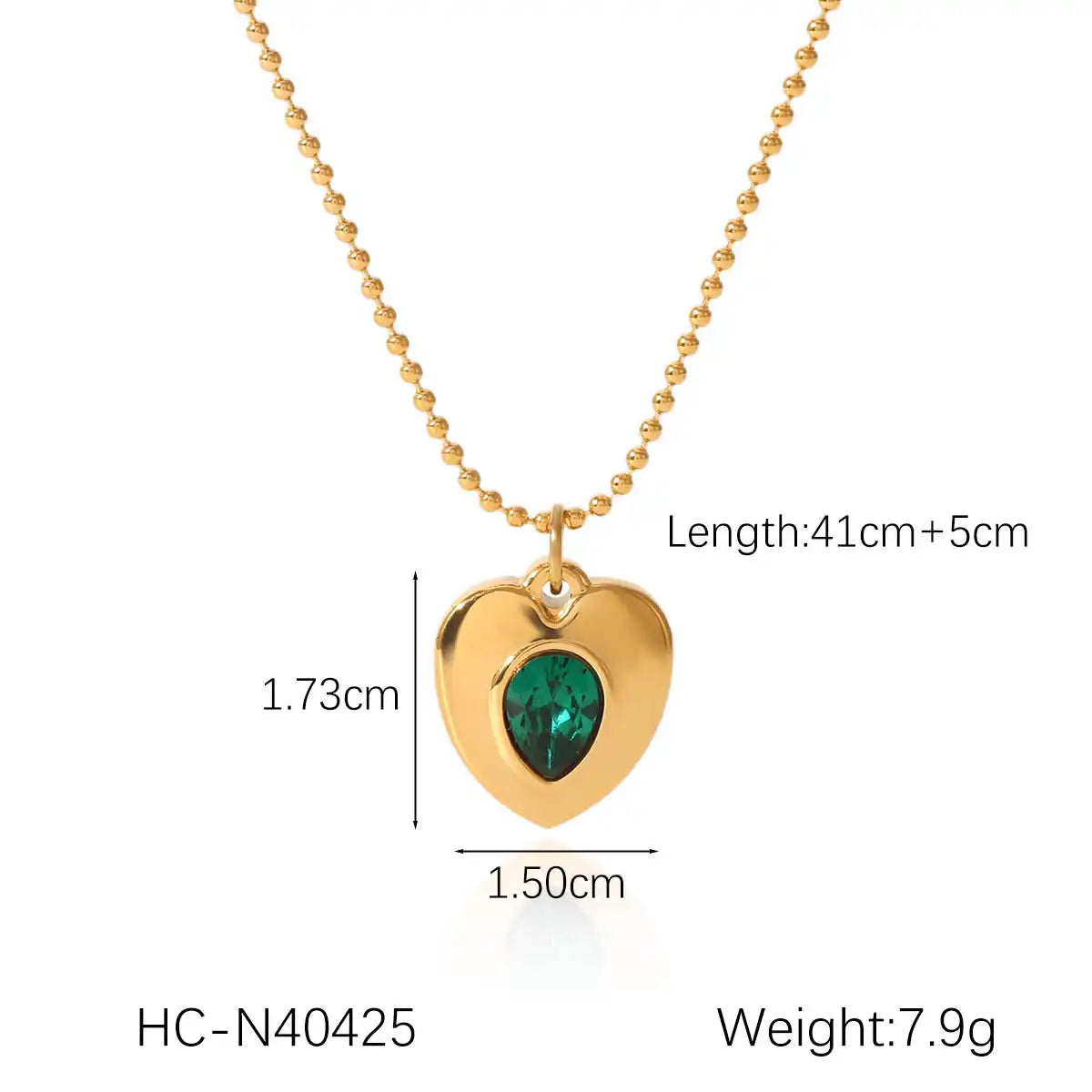 Stainless steel Green Diamond Inlay heart pendant Beaded necklace / 25003048