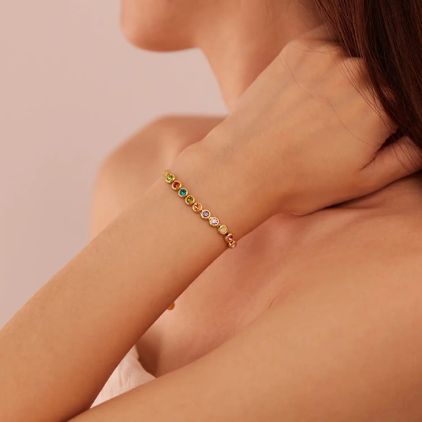 Stainless steel Minimalist chain bracelet with colored zircon for women / 25303066