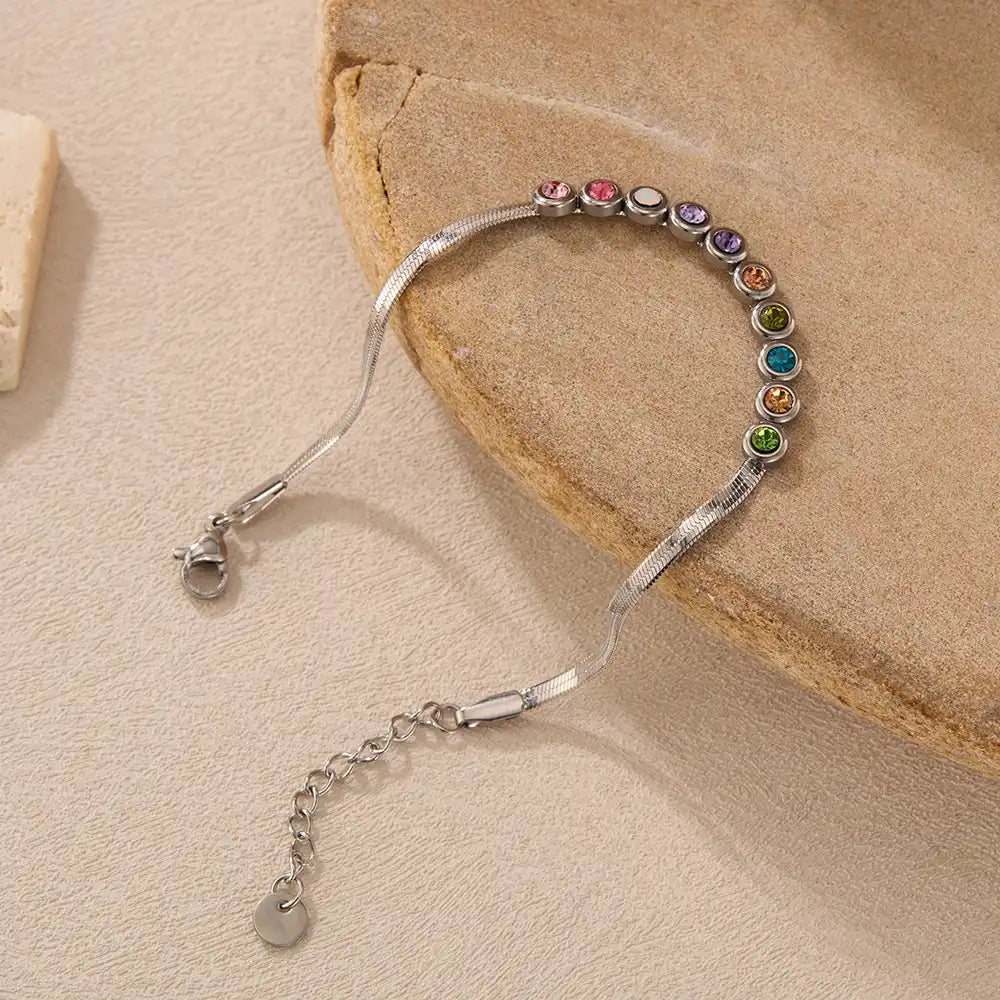Stainless steel Minimalist chain bracelet with colored zircon for women / 25303066