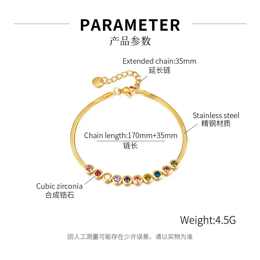 Stainless steel Minimalist chain bracelet with colored zircon for women / 25303066