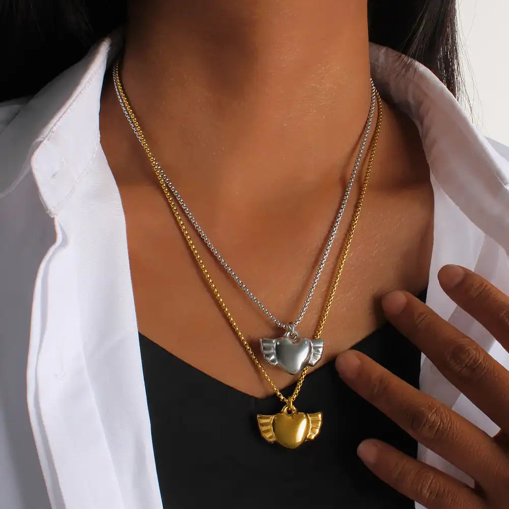 Stainless steel Vintage heart-shaped angel pendant necklace / 25003053