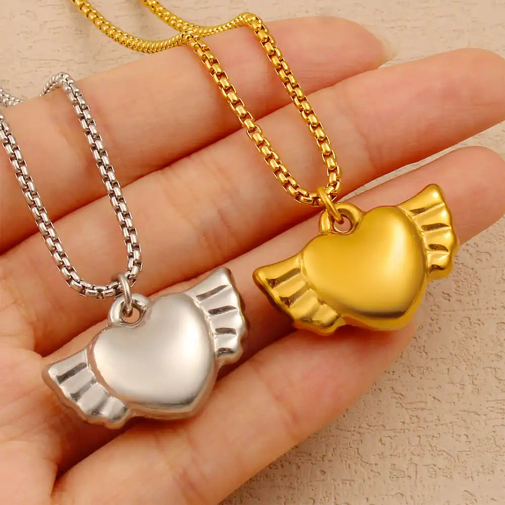 Stainless steel Vintage heart-shaped angel pendant necklace / 25003053